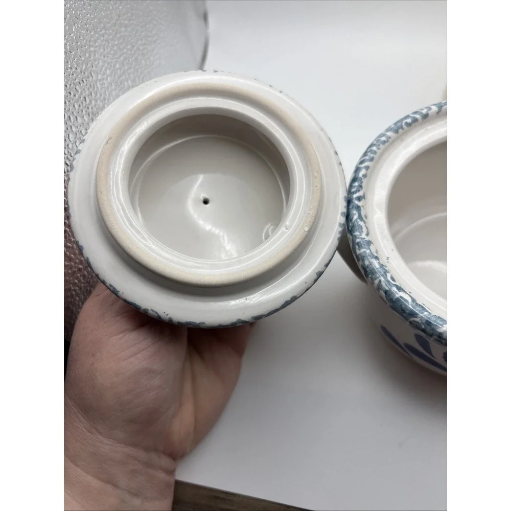 Set Of 3 Blue Sponge Heart Pottery Stoneware Country Vases Milk Jugs Soup‎ Crock